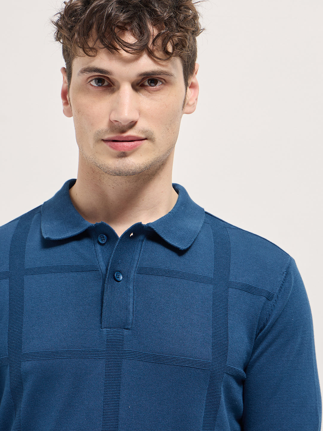 Men Blue Textured Checkered Design Slim Fit Polo