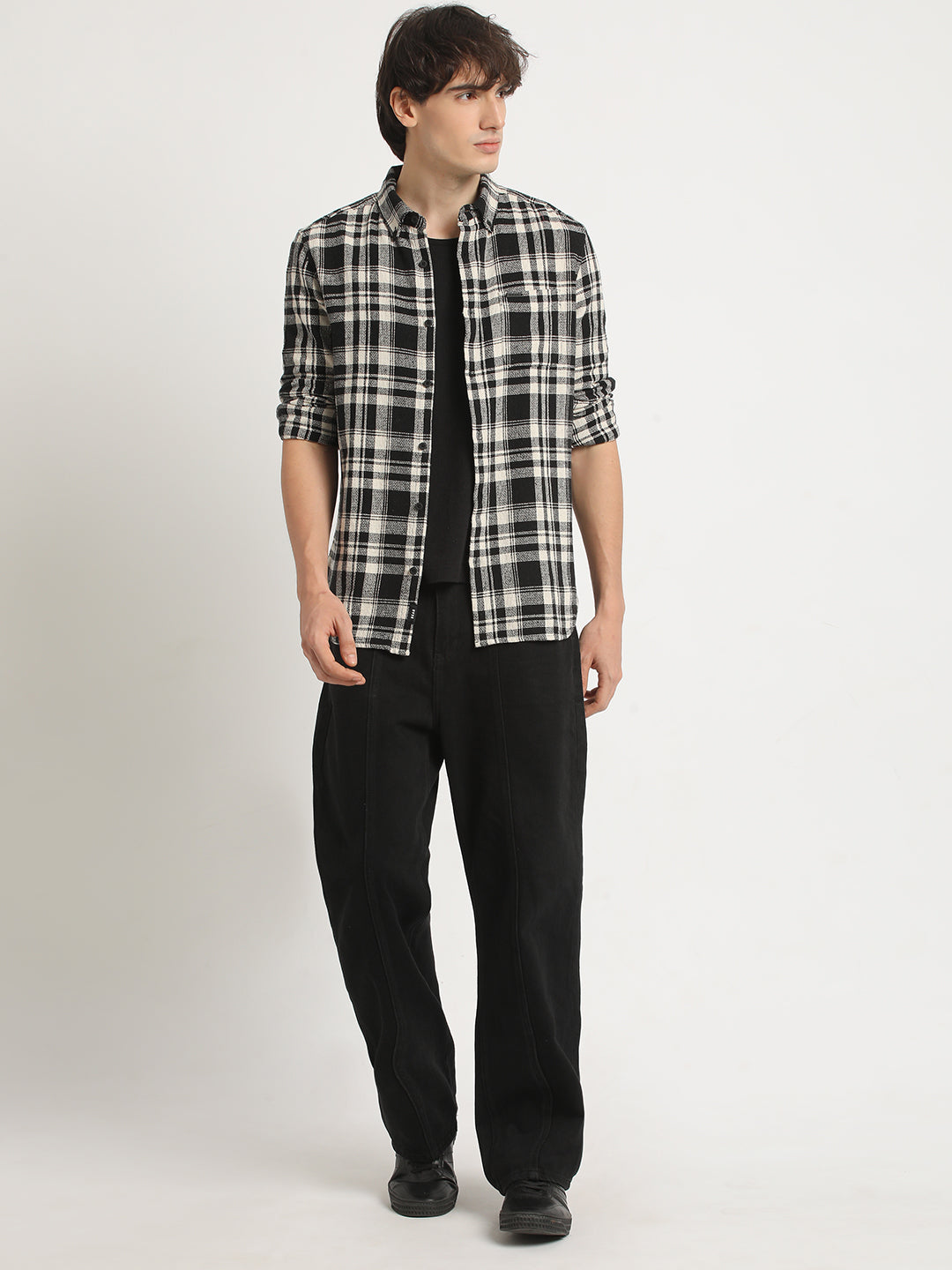 Men Black Checked Slim Fit Cotton Casual Shirt