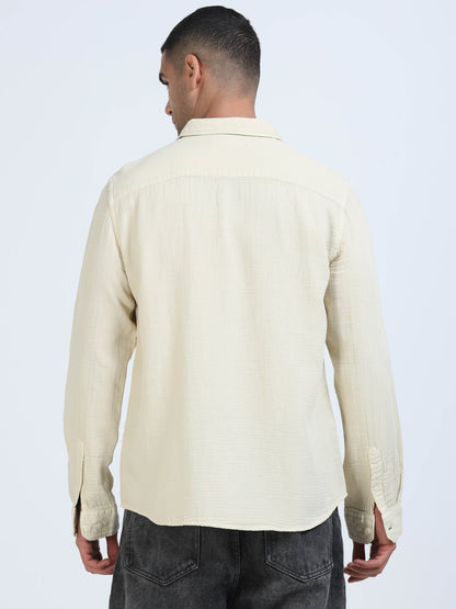 Men Beige Cotton Double Cloth Shirt