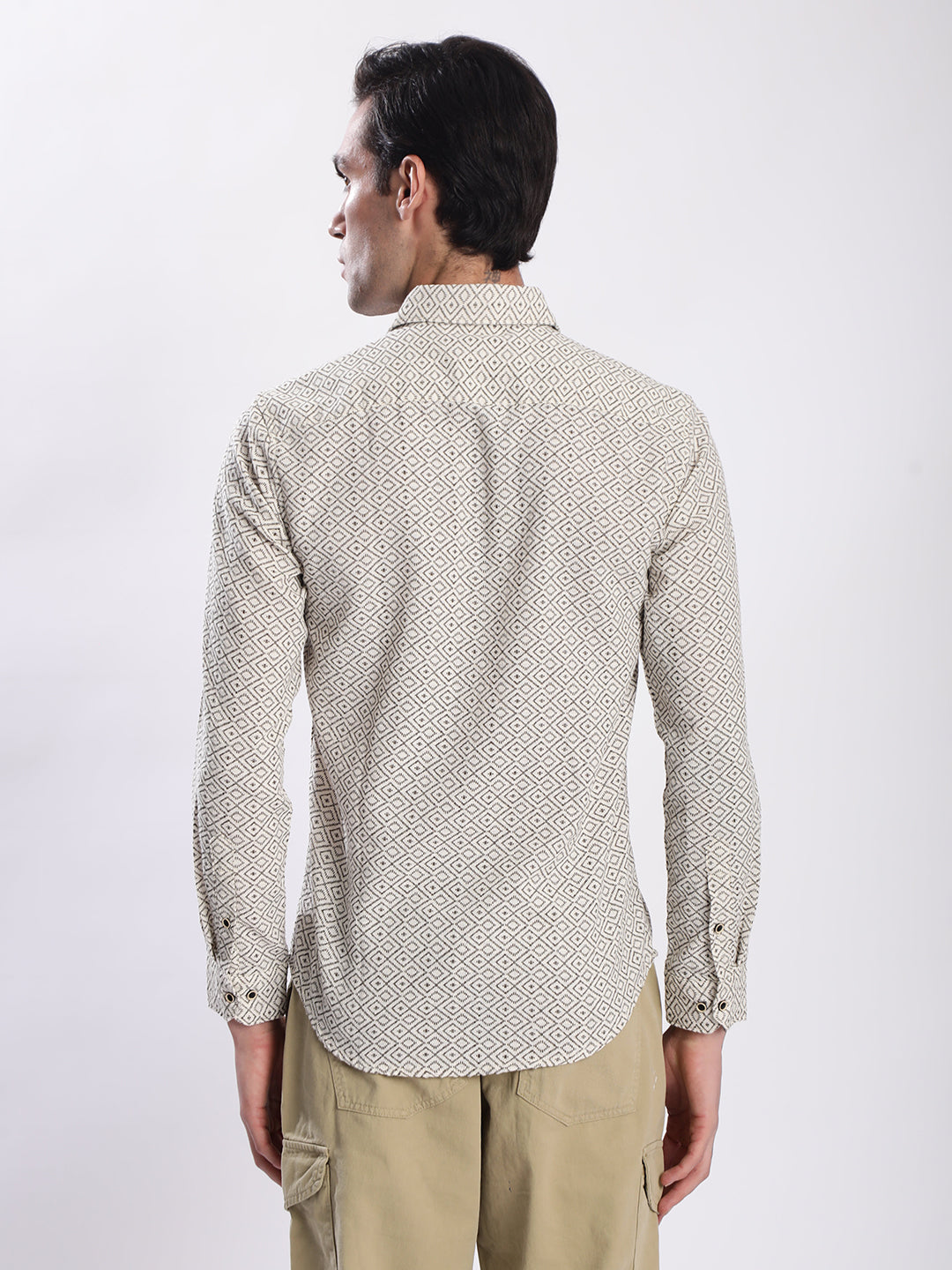 Men Beige Geometric Print Single Pocket Shirt