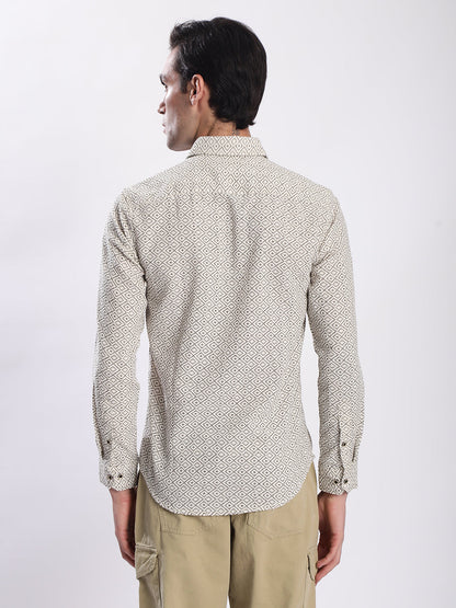 Men Beige Geometric Print Single Pocket Shirt
