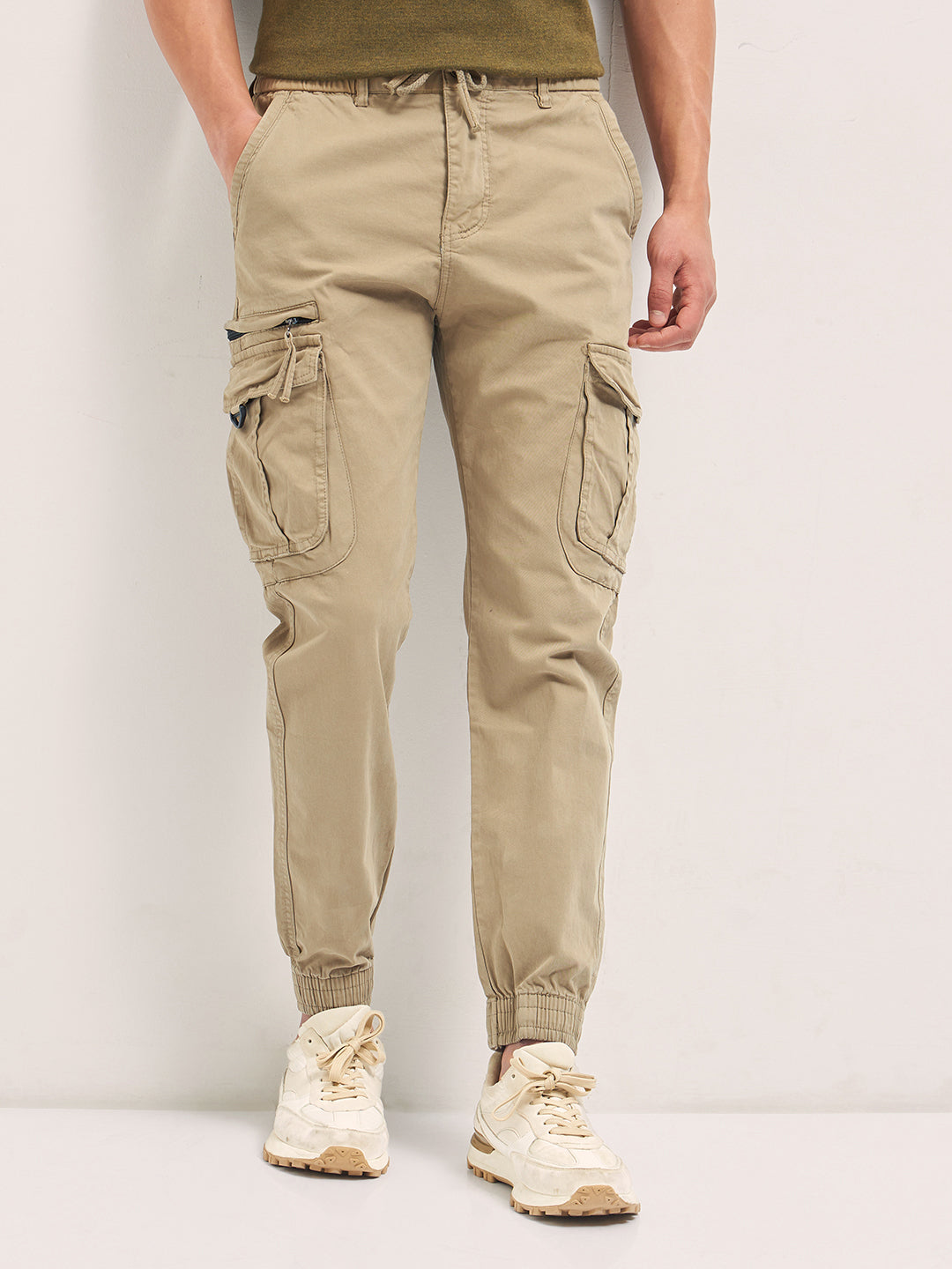 Men Beige Regular Fit Cargo Pants