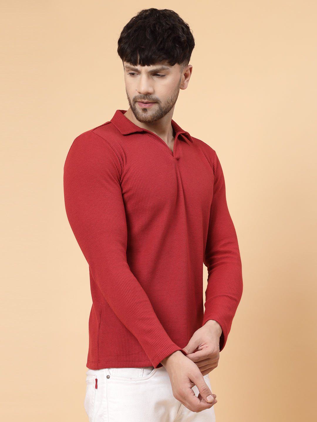 Men Maroon Waffle Knit T-shirt