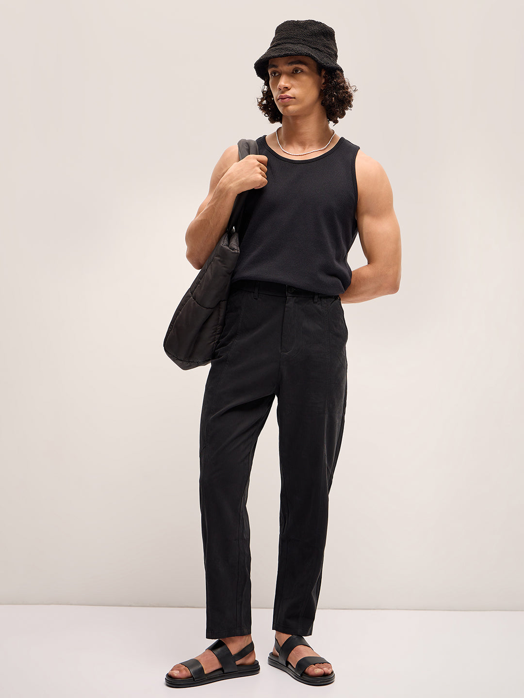 Men Black Stripe Regular Fit Mid-Rise Casual Pant