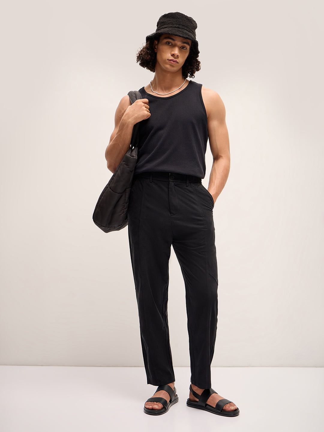 Men Black Stripe Regular Fit Mid-Rise Casual Pant