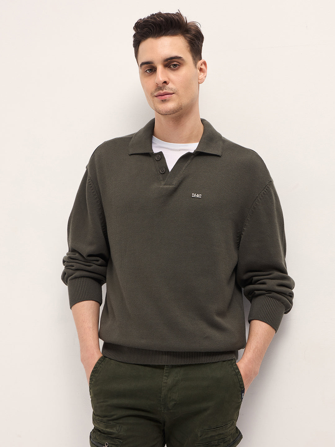 Men Olive Textured Knit Relaxed Fit Polo