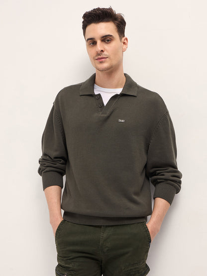 Men Olive Textured Knit Relaxed Fit Polo