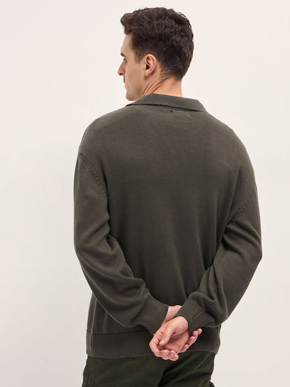 Men Olive Textured Knit Relaxed Fit Polo