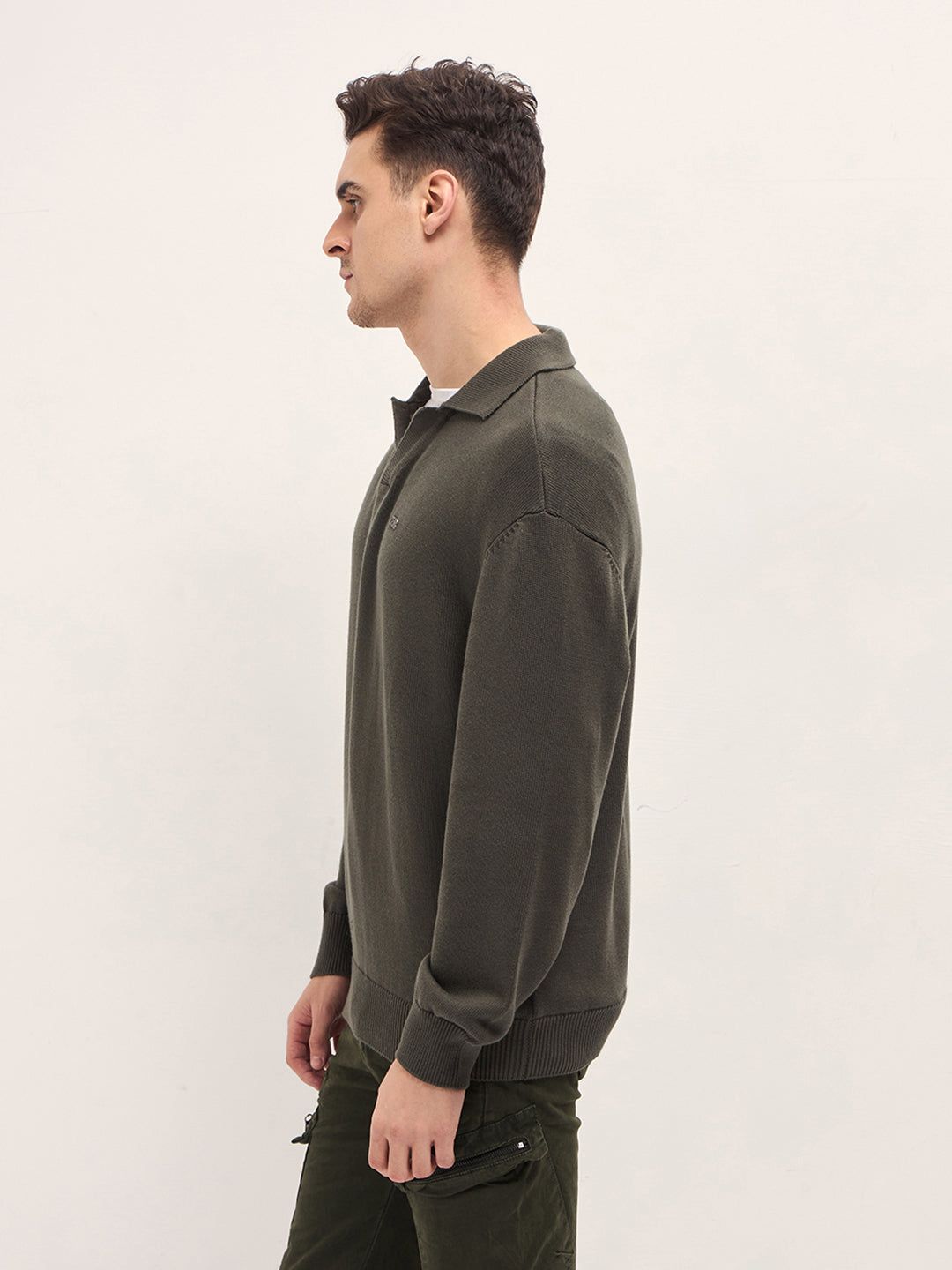 Men Olive Textured Knit Relaxed Fit Polo