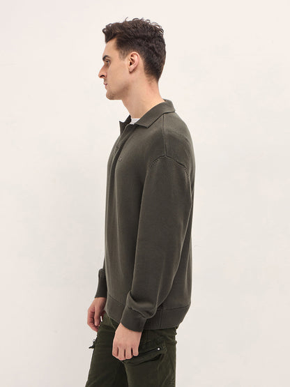 Men Olive Textured Knit Relaxed Fit Polo