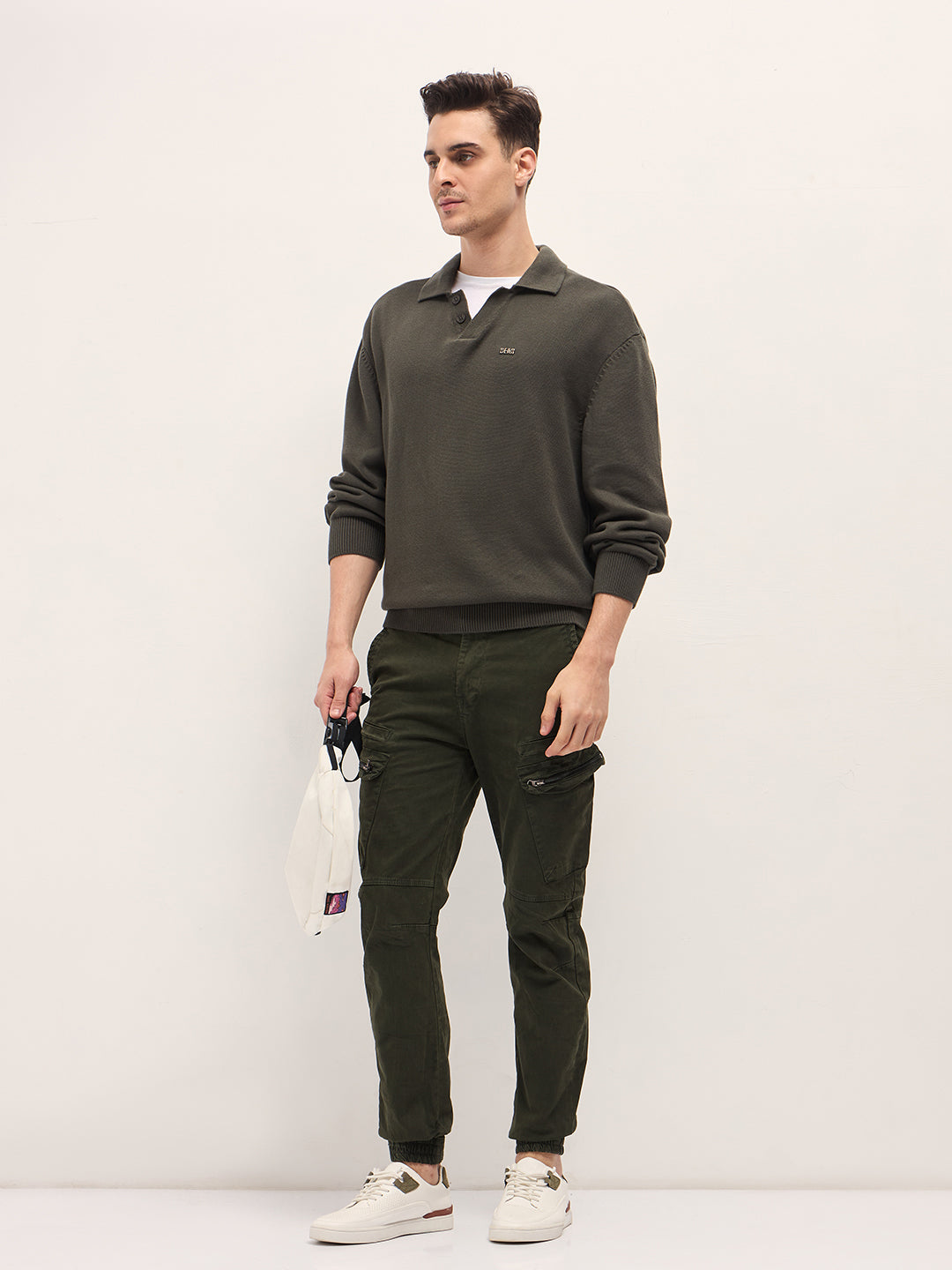 Men Olive Textured Knit Relaxed Fit Polo
