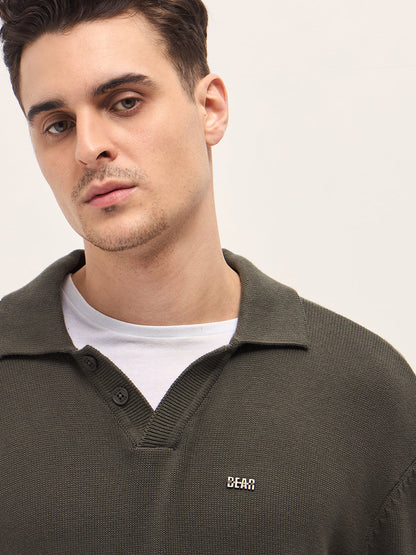 Men Olive Textured Knit Relaxed Fit Polo