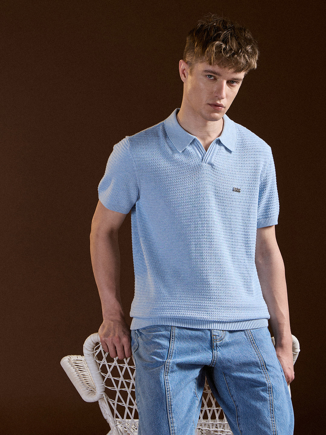 Men Blue Textured Slim Fit V-Notch Style Polo