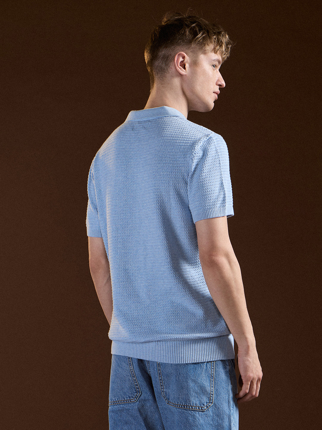 Men Blue Textured Slim Fit V-Notch Style Polo