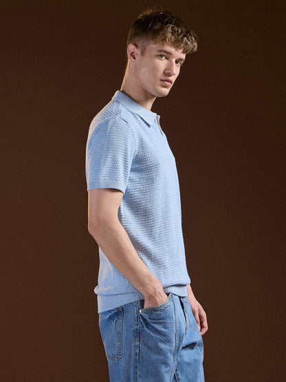 Men Blue Textured Slim Fit V-Notch Style Polo