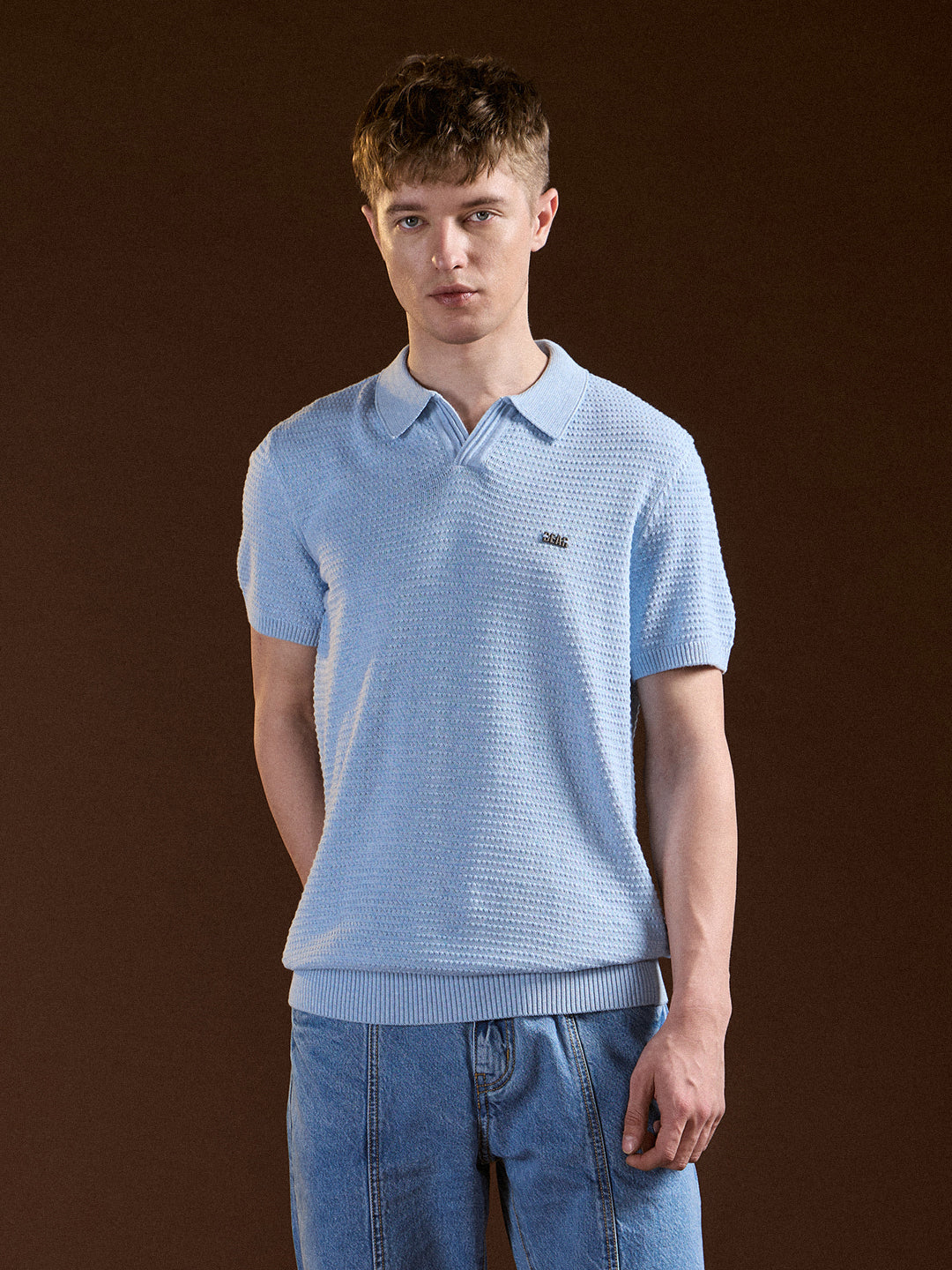 Men Blue Textured Slim Fit V-Notch Style Polo