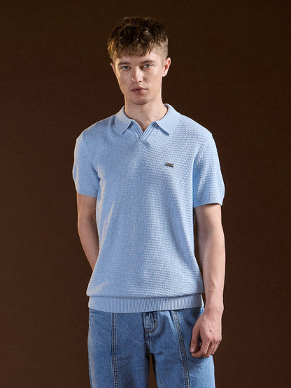 Men Blue Textured Slim Fit V-Notch Style Polo