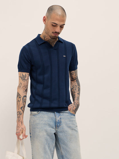 Men Blue Textured vertical knit stripes Slim Fit Polo
