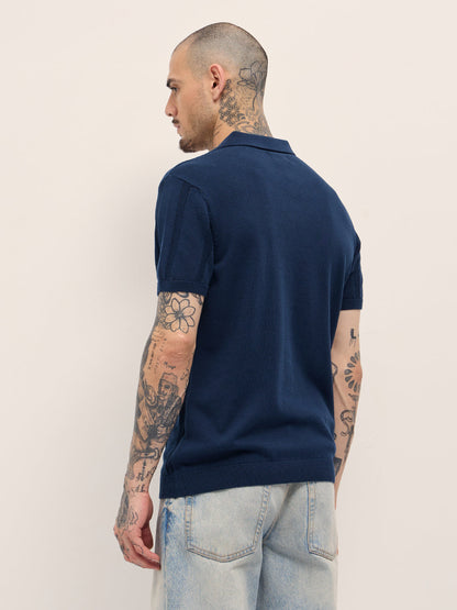 Men Blue Textured vertical knit stripes Slim Fit Polo