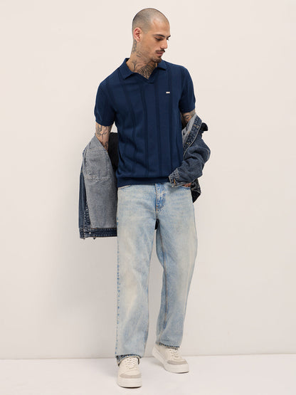 Men Blue Textured vertical knit stripes Slim Fit Polo