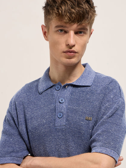 Men Blue Textured Knit Relaxed Fit Polo