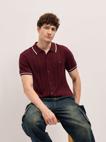 Men Maroon Textured Knit Shirt-Style Regular Fit Polo