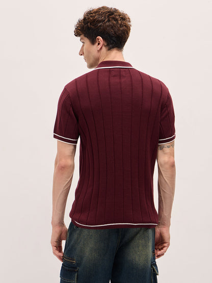 Men Maroon Textured Knit Shirt-Style Regular Fit Polo