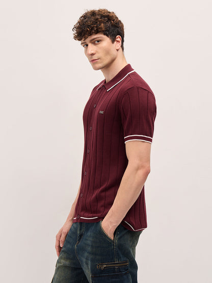 Men Maroon Textured Knit Shirt-Style Regular Fit Polo
