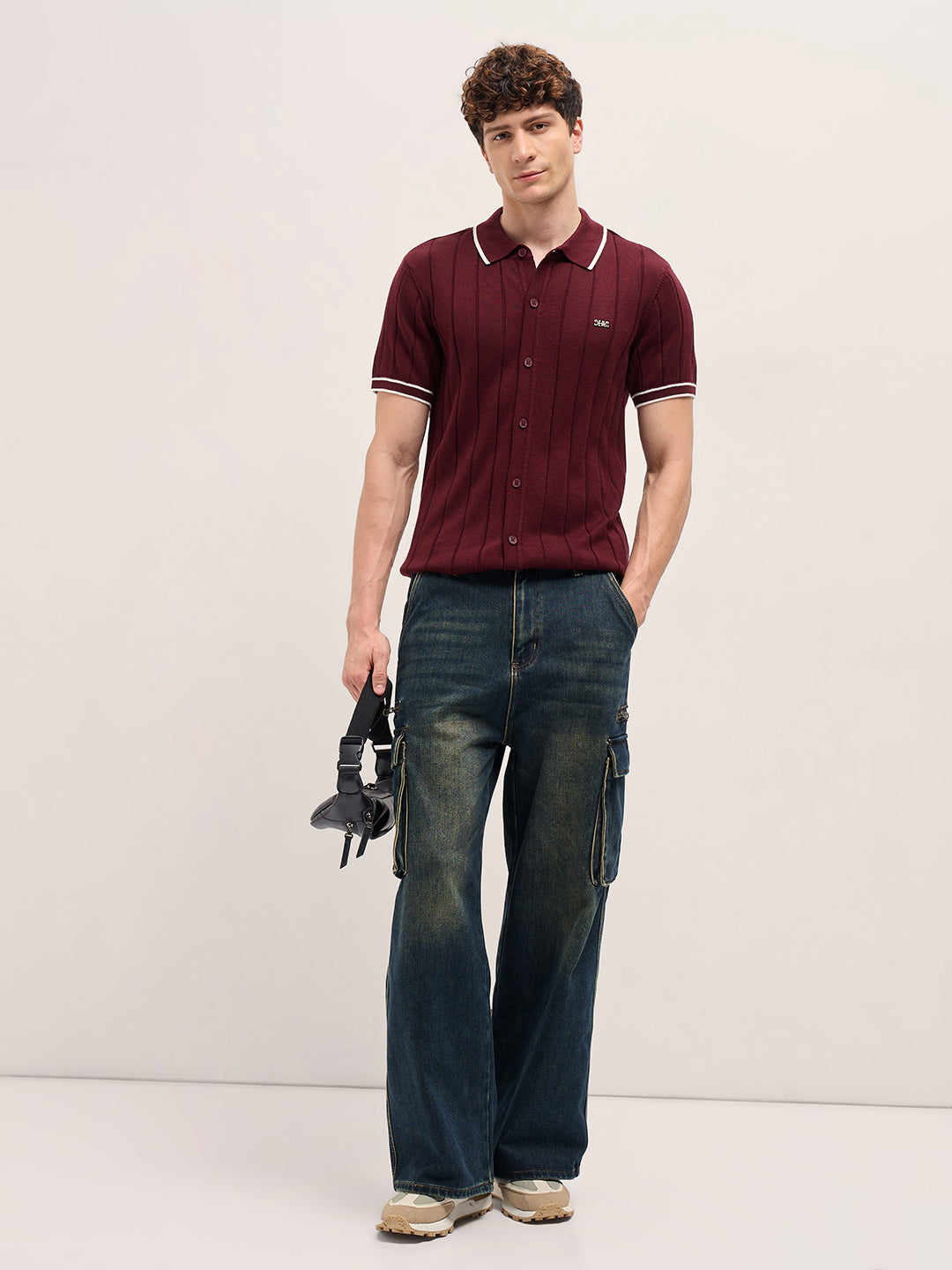 Men Maroon Textured Knit Shirt-Style Regular Fit Polo
