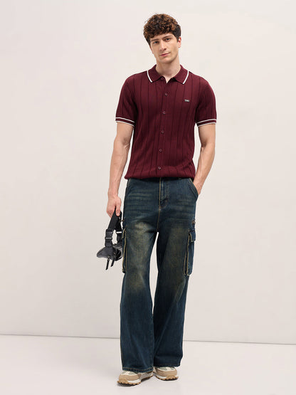 Men Maroon Textured Knit Shirt-Style Regular Fit Polo