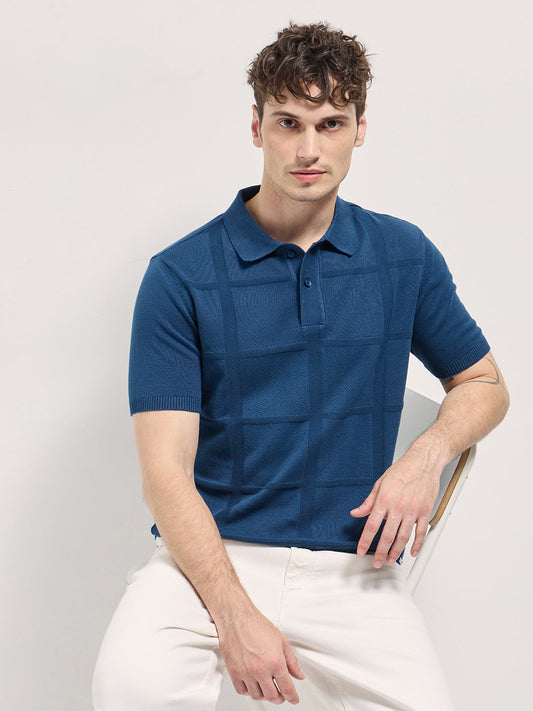 Men Blue Textured Checkered Design Slim Fit Polo