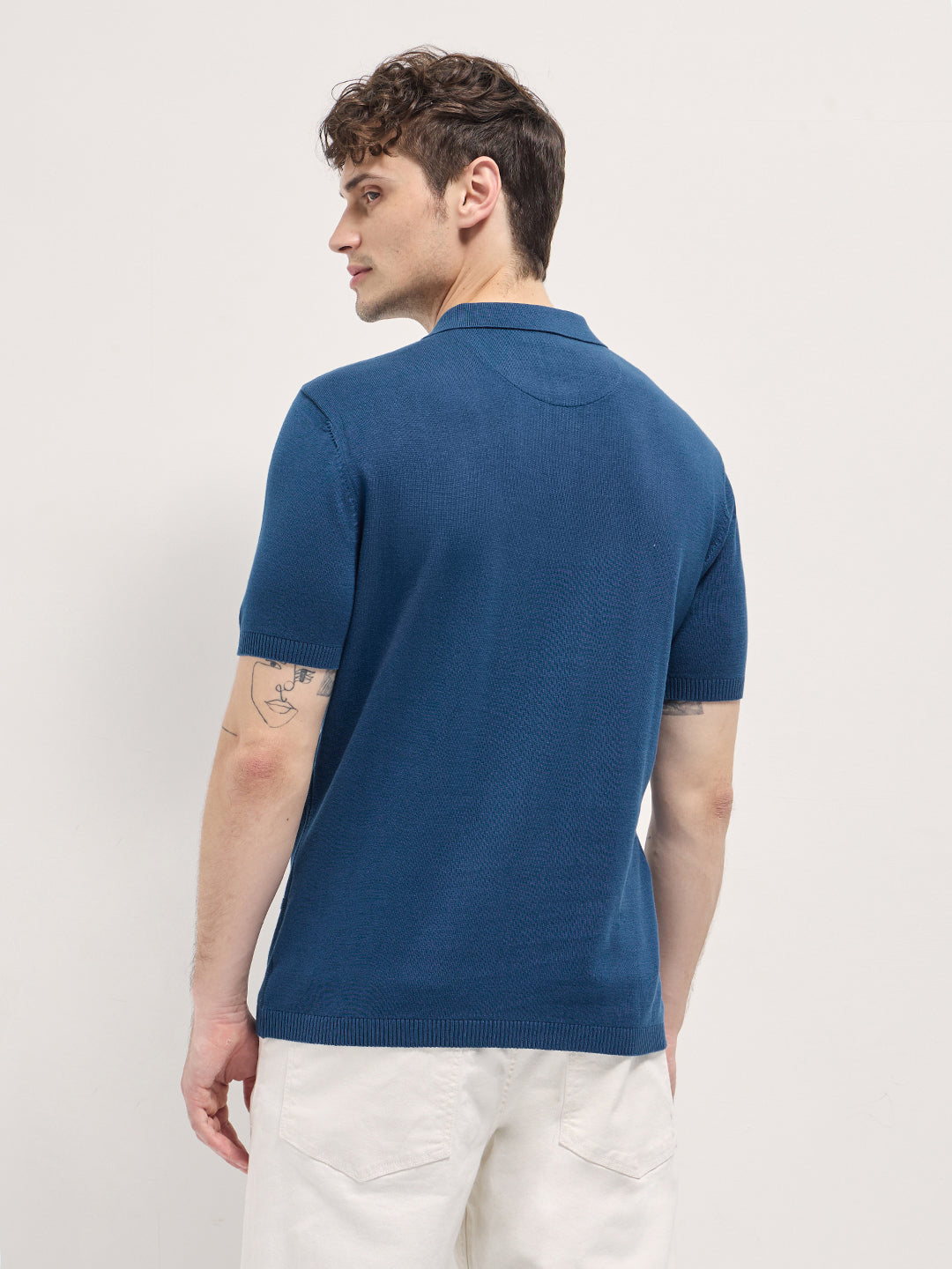 Men Blue Textured Checkered Design Slim Fit Polo