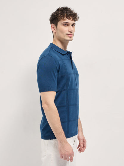 Men Blue Textured Checkered Design Slim Fit Polo