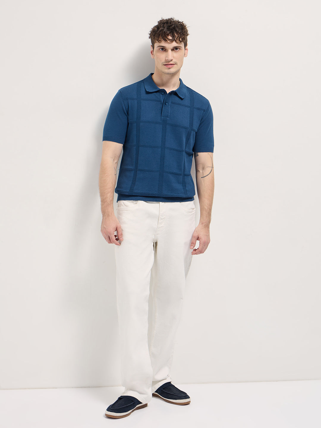 Men Blue Textured Checkered Design Slim Fit Polo