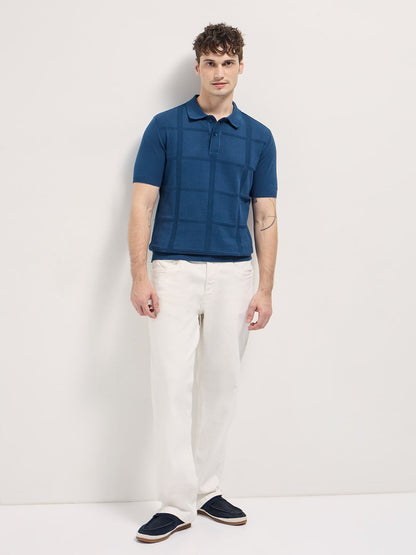 Men Blue Textured Checkered Design Slim Fit Polo