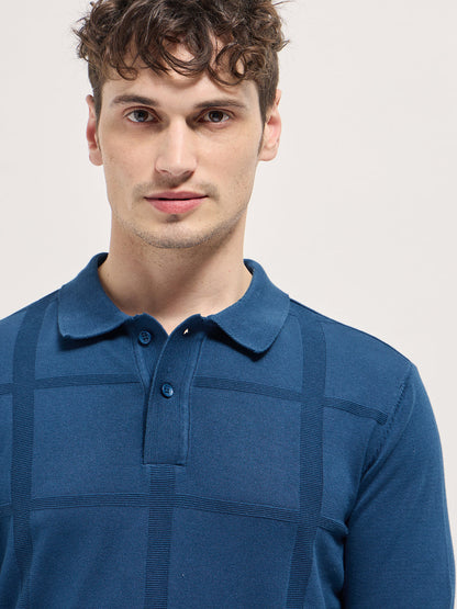 Men Blue Textured Checkered Design Slim Fit Polo