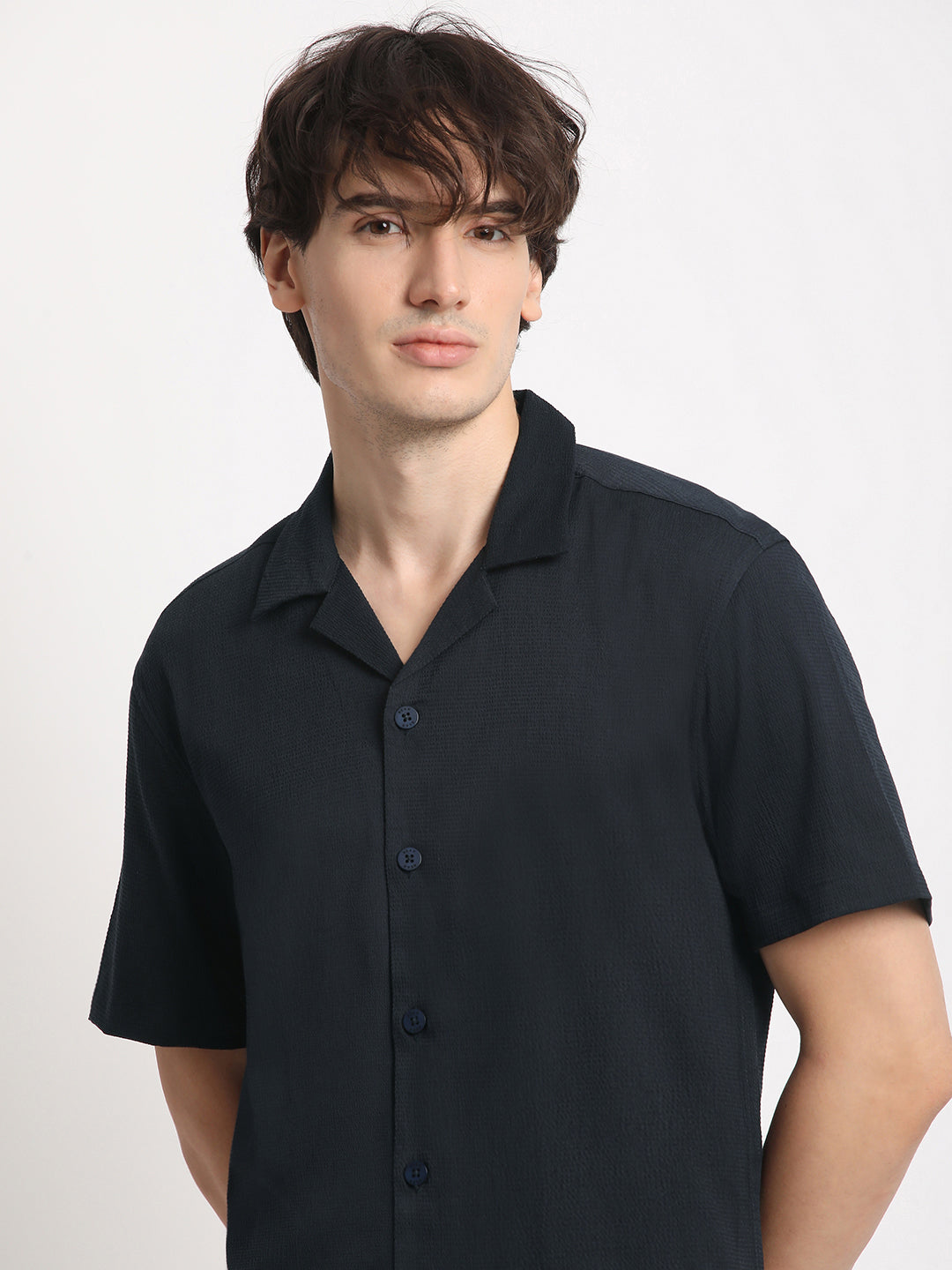 Men  Blue Solid Regular Fit Poly Viscose Casual Shirt