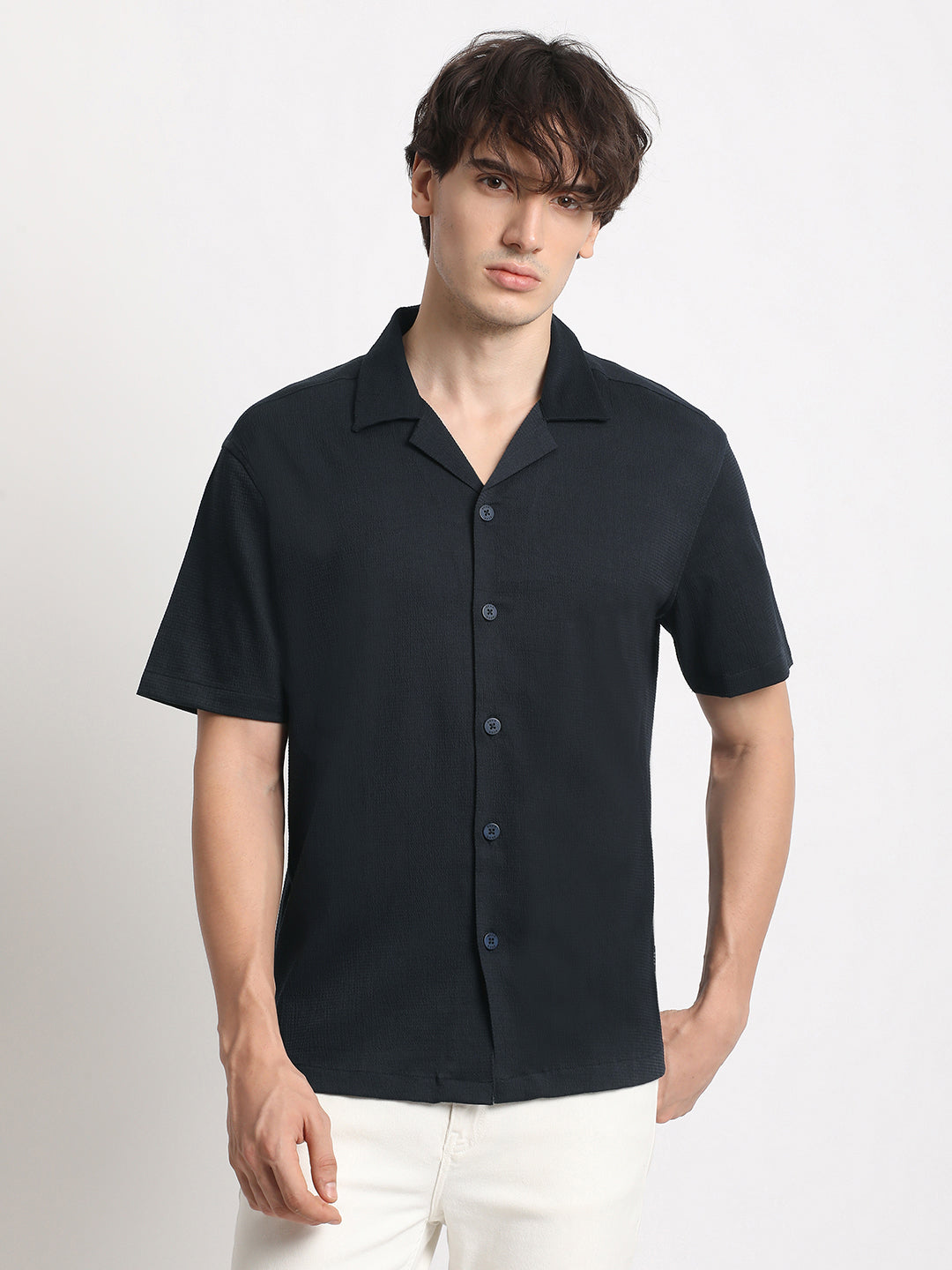 Men  Blue Solid Regular Fit Poly Viscose Casual Shirt