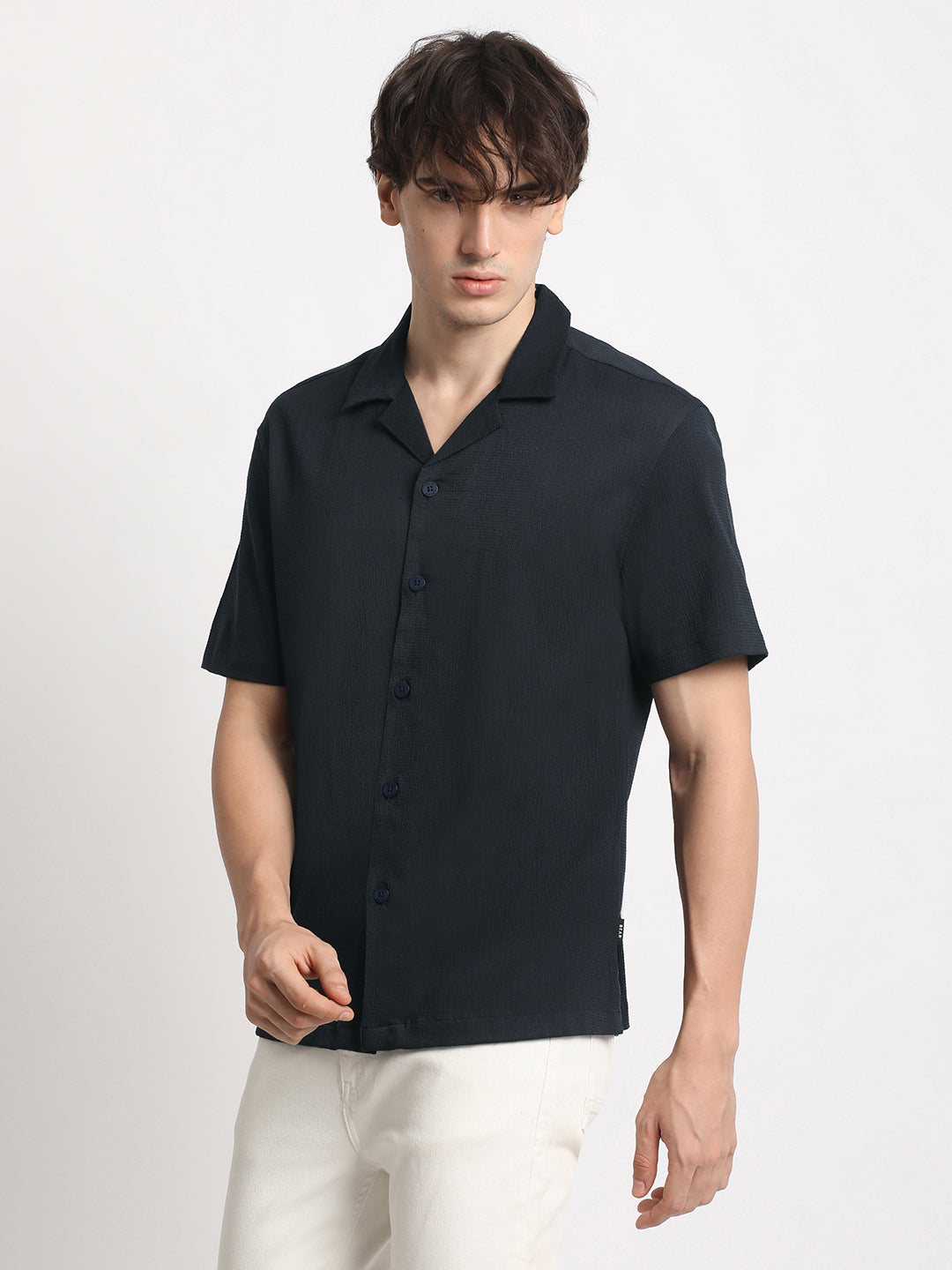 Men  Blue Solid Regular Fit Poly Viscose Casual Shirt