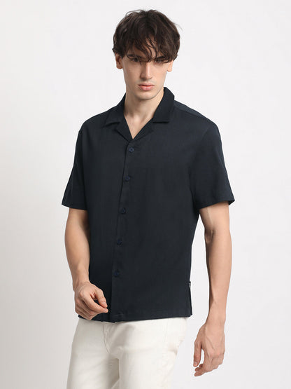 Men  Blue Solid Regular Fit Poly Viscose Casual Shirt