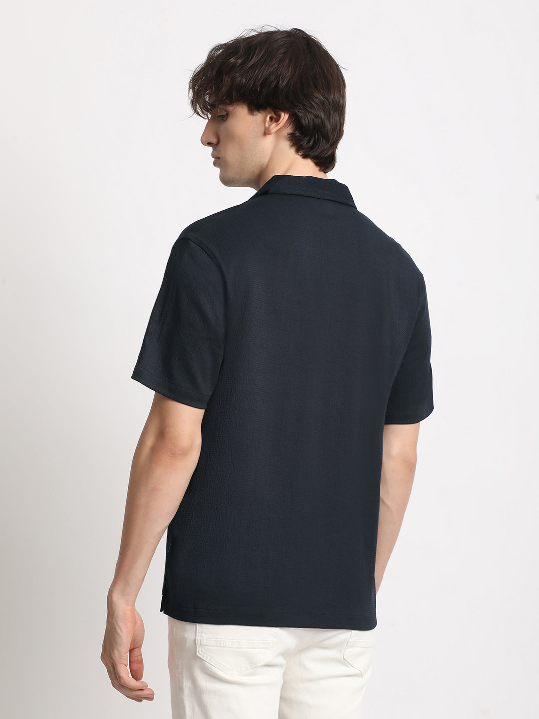 Men  Blue Solid Regular Fit Poly Viscose Casual Shirt