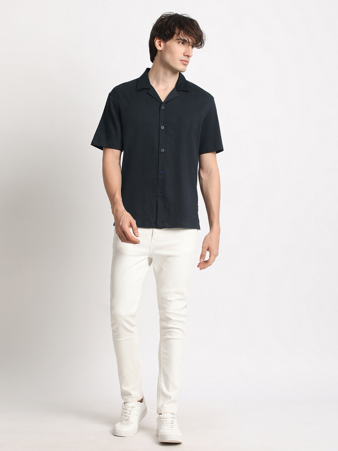 Men  Blue Solid Regular Fit Poly Viscose Casual Shirt