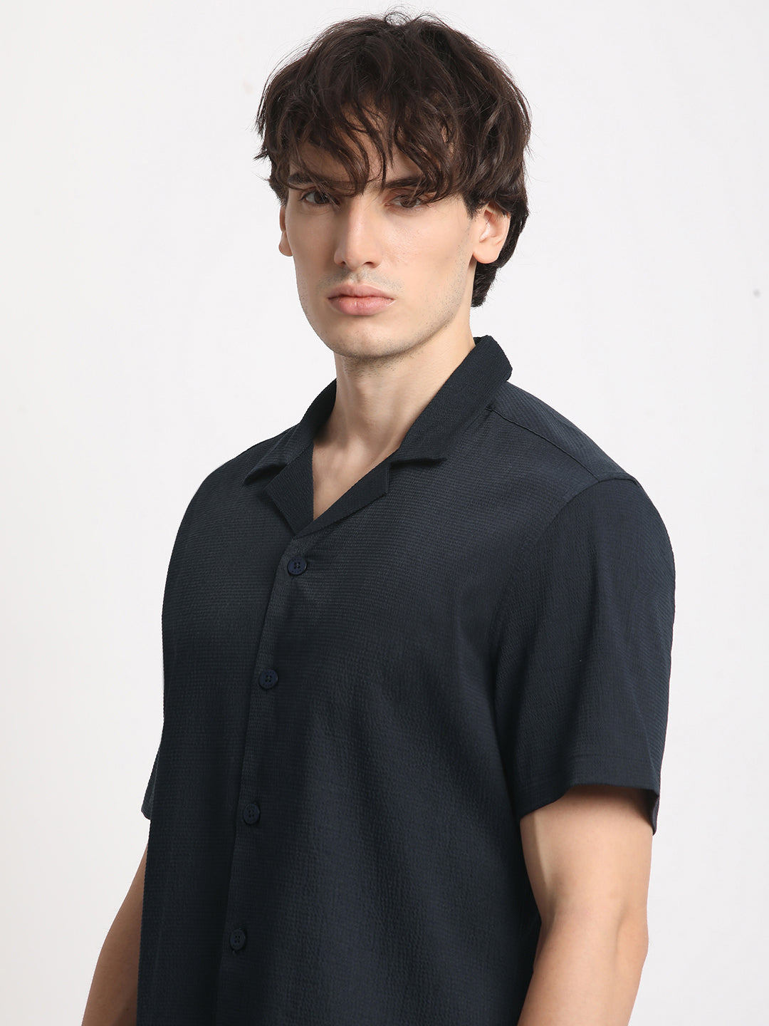 Men  Blue Solid Regular Fit Poly Viscose Casual Shirt