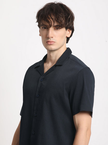 Men  Blue Solid Regular Fit Poly Viscose Casual Shirt
