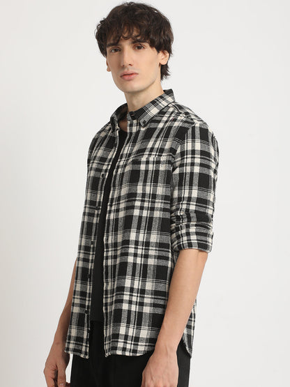 Men  Black Checked Slim Fit Cotton Casual Shirt