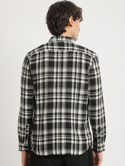 Men  Black Checked Slim Fit Cotton Casual Shirt
