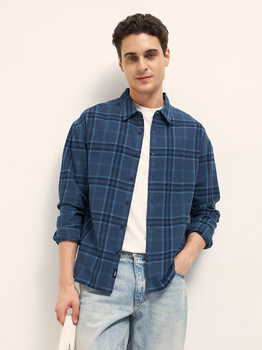 Men Blue Tartan Check Relaxed Fit Shacket