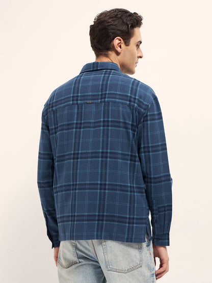 Men Blue Tartan Check Relaxed Fit Shacket