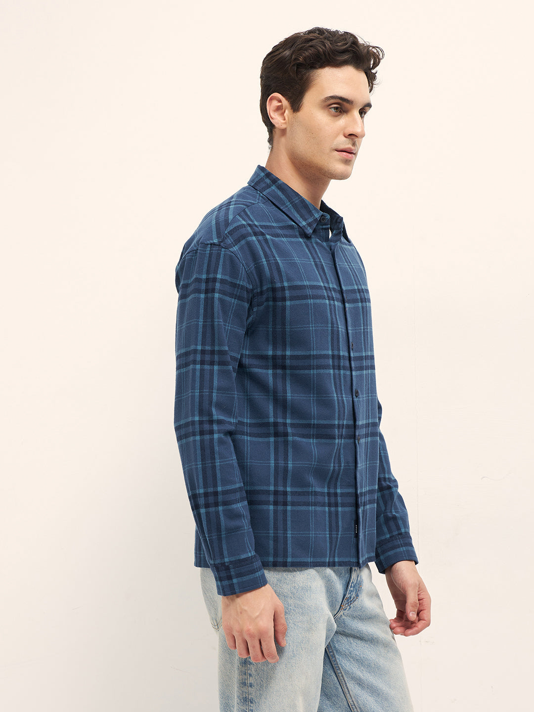 Men Blue Tartan Check Relaxed Fit Shacket