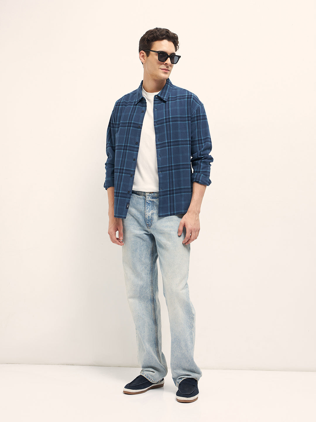 Men Blue Tartan Check Relaxed Fit Shacket